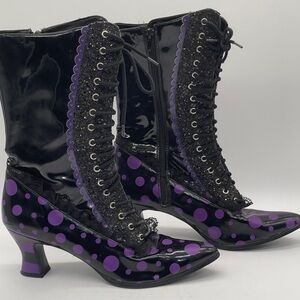 Funtasma Black Patent Purple Polka Dot Lace Up Boots Goth Cosplay Witch Size 9